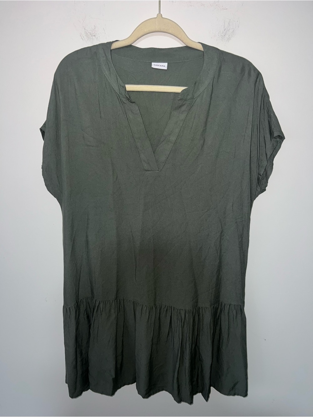 Lascana Gray Green V-Neck Short Sleeve Peplum Dress Lightweight Summer
